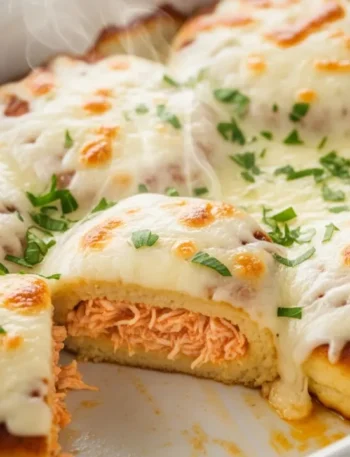 Close-up de panquecas de frango cremosas arrumadas em uma travessa branca, cobertas com molho branco abundante e queijo muçarela derretido e dourado.