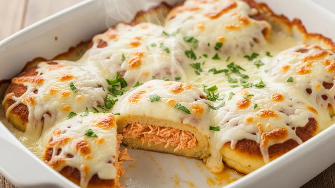 Close-up de panquecas de frango cremosas arrumadas em uma travessa branca, cobertas com molho branco abundante e queijo muçarela derretido e dourado.