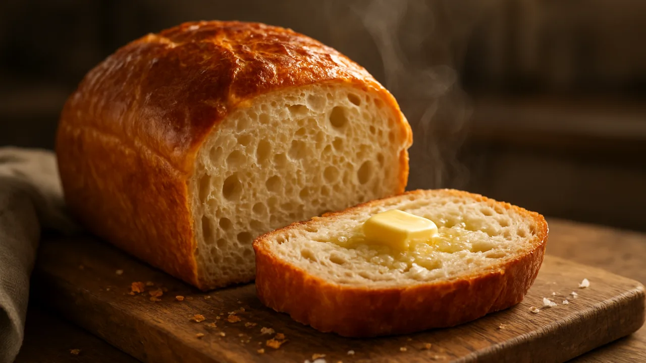 Pão caseiro fofinho fatiado sobre tábua de madeira com crosta dourada brilhante, miolo macio e alveolado visível, vapor saindo e manteiga derretendo sobre a fatia — Pão caseiro fofinho e fácil com fermento biológico seco.