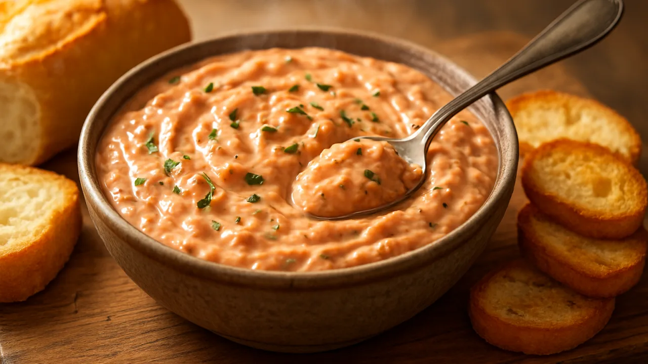 Tigela rústica com patê de salsicha cremoso, superfície brilhante de maionese e requeijão com pedaços finos de salsicha e cheiro-verde salpicado, servida com fatias de pão francês e torradas sobre tábua de madeira em luz natural de fundo — Patê de salsicha cremoso.