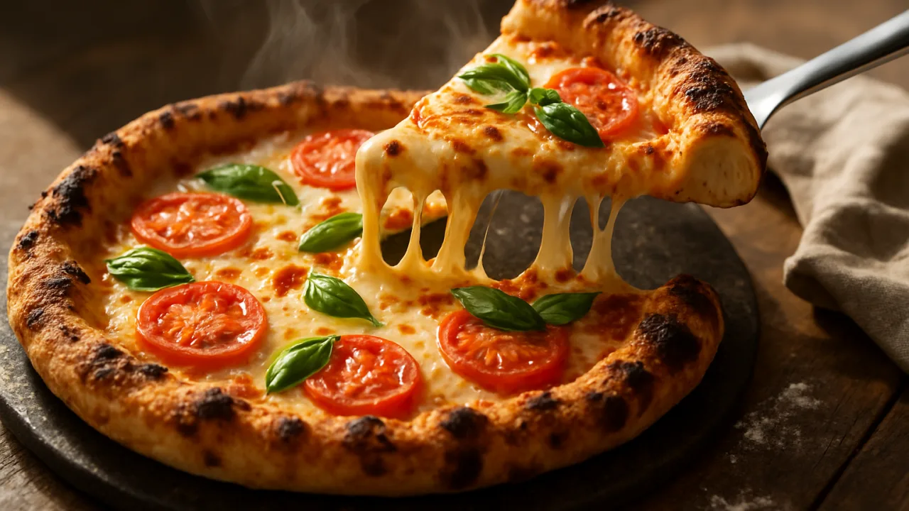 Pizza caseira com massa macia e borda fofa, queijo muçarela borbulhando com pontos dourados, fatia sendo levantada com fio de queijo, tomate fatiado e folhas de manjericão, servida em assadeira quente - pizza caseira irresistível