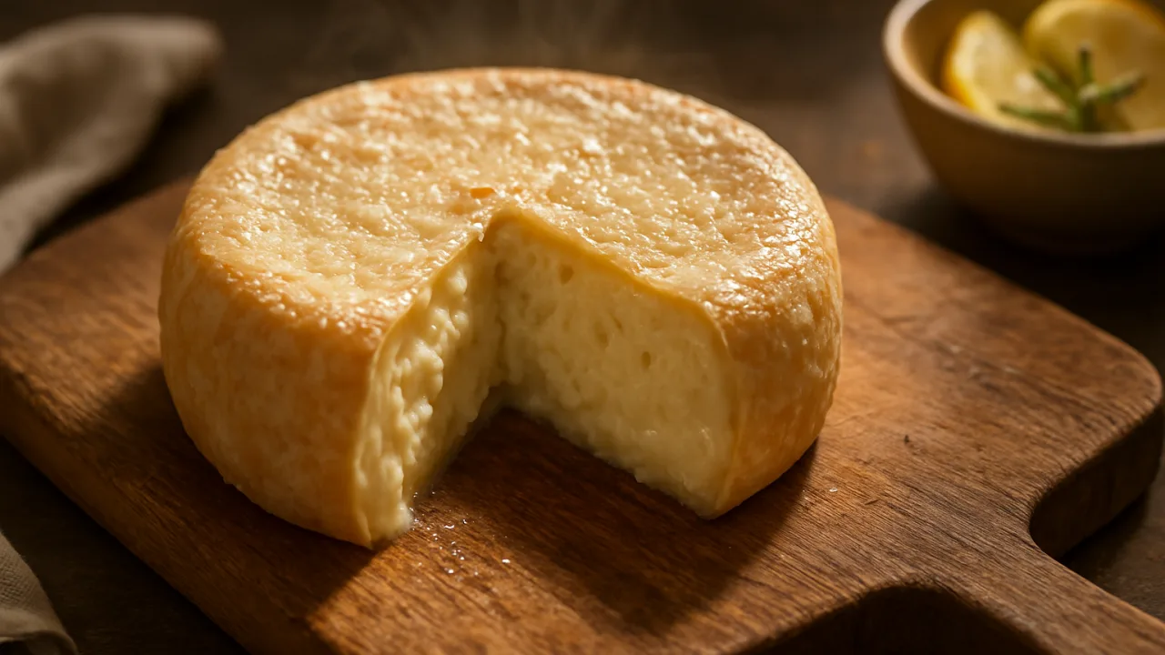 Disco de queijo caseiro cremoso com uma fatia cortada que revela interior macio, úmido e levemente brilhante, servido sobre tábua rústica com pano e ervas ao lado — Queijo caseiro cremoso