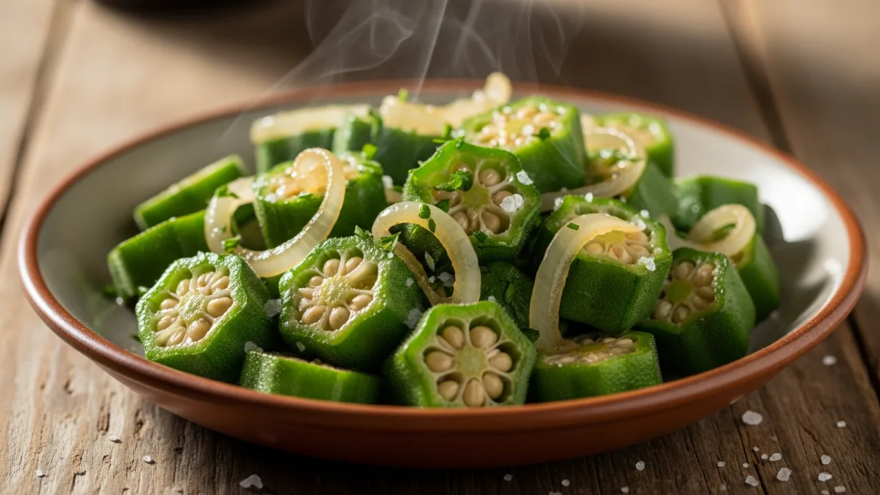 Close-up de quiabo refogado verdinho e brilhante, sem baba, com fatias mostrando sementes, cebola translúcida e cheiro-verde picado, vapor sutil e brilho de óleo, servido quente em tigela rústica sobre mesa de madeira — Quiabo refogado perfeito: o truque simples que corta a baba