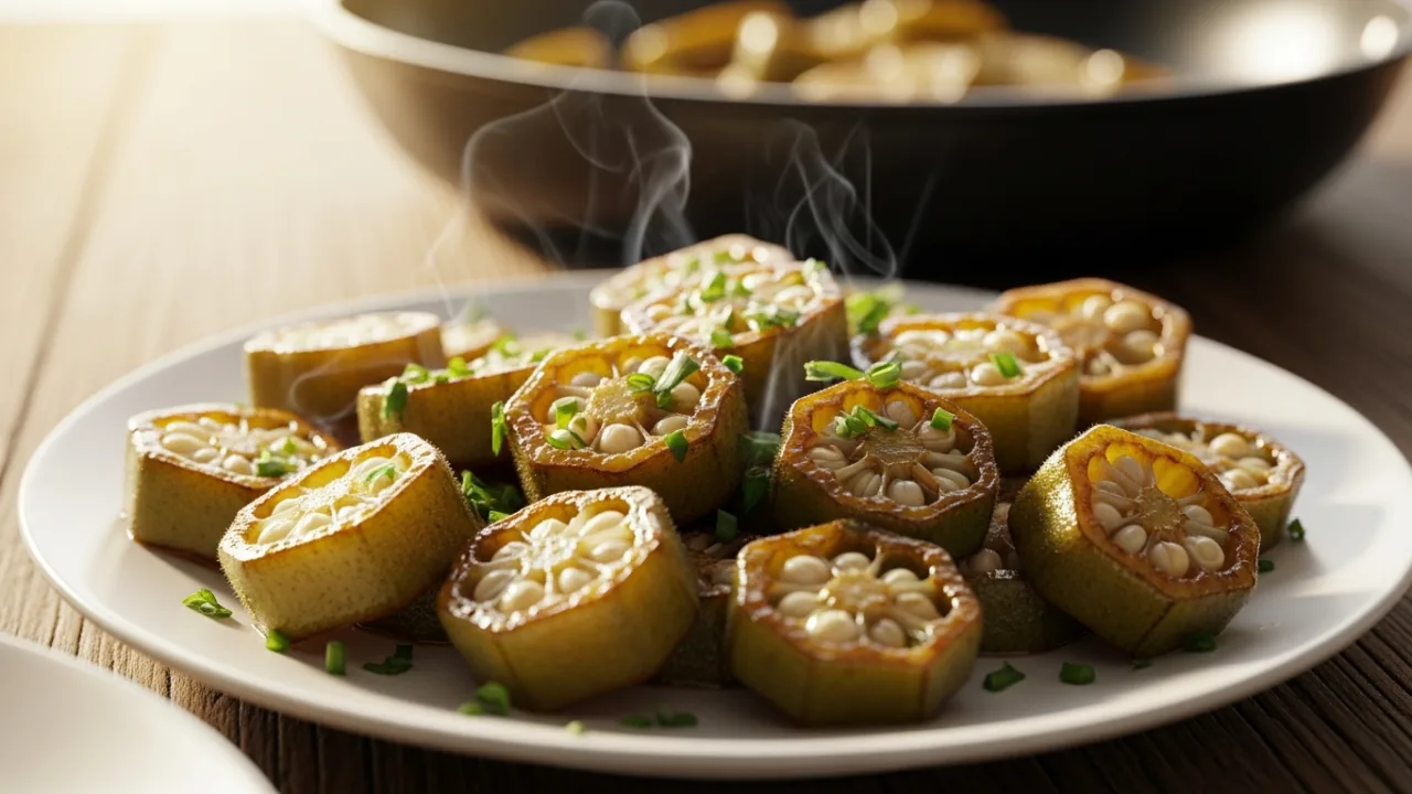Close-up de quiabo refogado em rodelas douradas e sem baba, servido em prato rústico sobre mesa de madeira com gotas de limão e cheiro-verde polvilhado — Quiabo sem baba