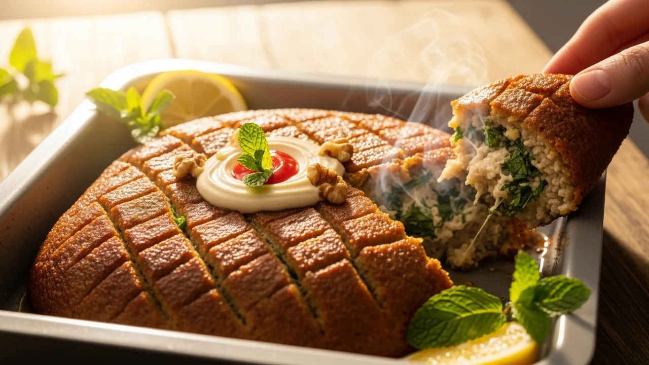 Tabuleiro de quibe assado suculento com casquinha dourada cortado em losangos; uma fatia puxada revela o interior úmido e perfumado com hortelã, regado com azeite e servido com rodelas de limão - Quibe assado suculento