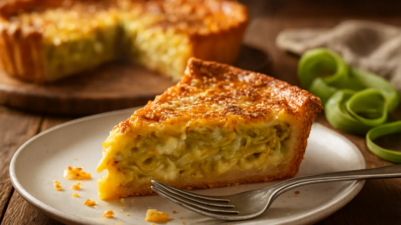 Fatia de quiche de alho poró douradinha com massa crocante e recheio cremoso levemente tremido, muçarela derretida e tiras de alho-poró caramelizadas por cima, servida em prato cerâmico sobre mesa de madeira rústica — Quiche de alho poró douradinha.