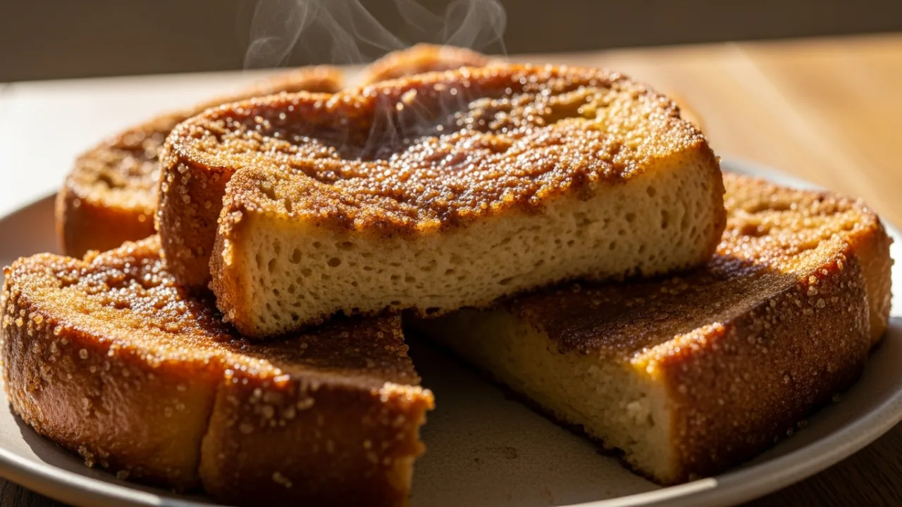 Fatias de rabanada de forno dourada e crocante polvilhadas com açúcar e canela em uma travessa rústica sob luz natural.