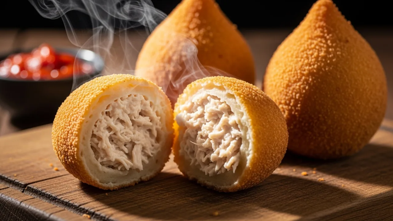 Close-up de coxinhas de frango com casquinha dourada e crocante. Uma das coxinhas está aberta, mostrando em detalhes o recheio cremoso de frango.