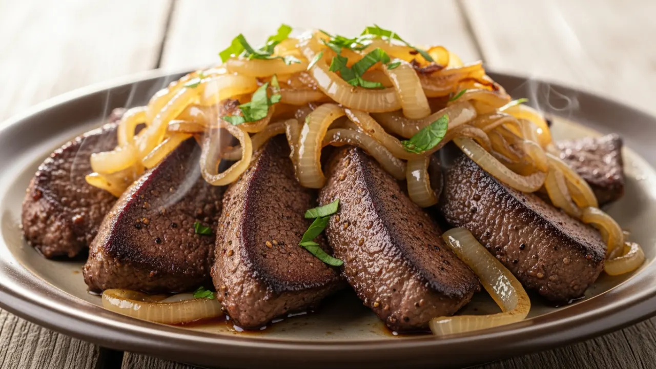 Close-up de uma receita de fígado de boi acebolado suculento e macio servido no prato, coberto com muitas cebolas douradas caramelizadas e cheiro-verde.