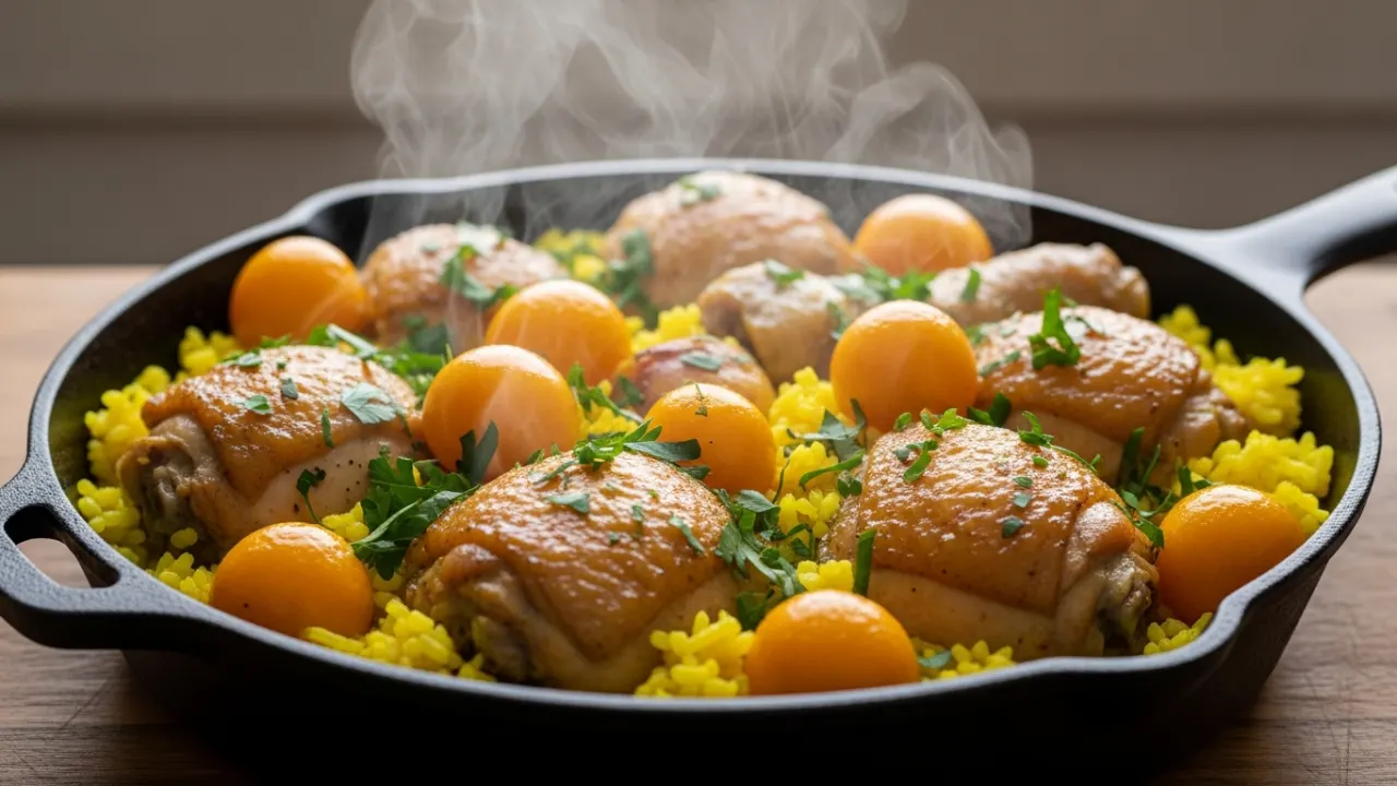 Close-up de um prato rústico com a receita de frango com pequi, mostrando o arroz bem amarelo, pedaços de frango dourados e frutos de pequi cozidos, servido quente.