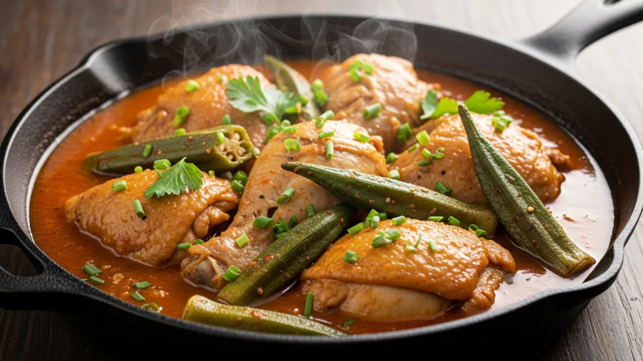 Panela de ferro rústica servida na mesa com frango com quiabo douradinho, quiabo verde e sem baba em um caldo encorpado, finalizado com cheiro-verde fresco.
