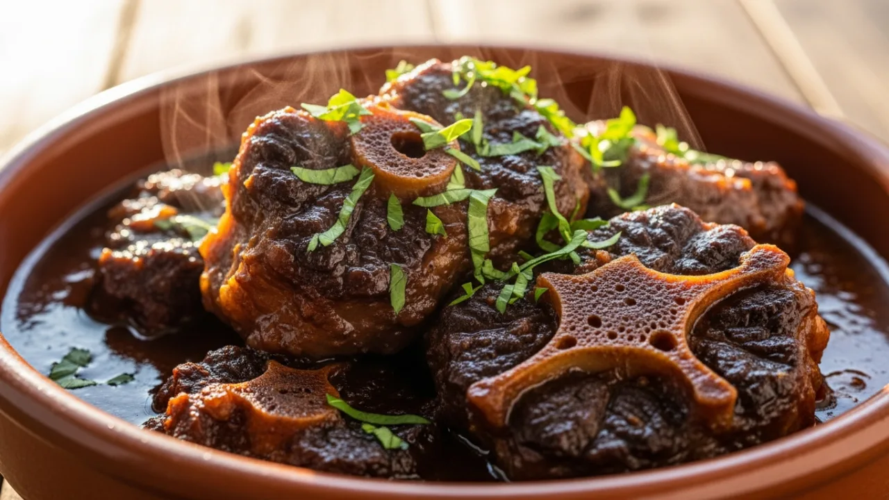 Pedaços suculentos de rabada na panela de pressão com molho escuro brilhante e cheiro-verde fresco servidos em prato rústico.