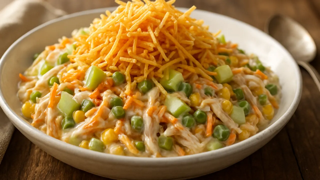 Travessa de salpicão de frango simples cremoso com frango desfiado, cenoura ralada, cubos de maçã, milho e ervilha, coberta por batata palha dourada crocante, fotografada em luz natural com destaque para a textura cremosa do molho.