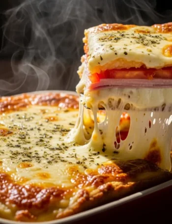 Close-up de um sanduíche de forno cremoso em uma assadeira, com uma fatia sendo retirada e mostrando o queijo muçarela derretido e elástico. O topo está dourado e borbulhante.