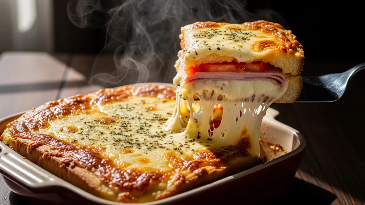 Close-up de um sanduíche de forno cremoso em uma assadeira, com uma fatia sendo retirada e mostrando o queijo muçarela derretido e elástico. O topo está dourado e borbulhante.