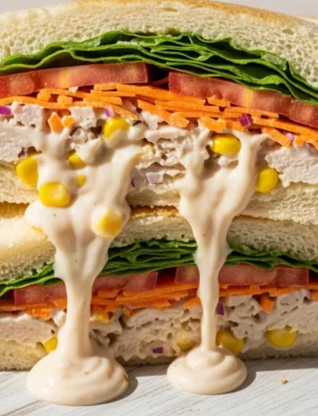 Close-up de um sanduíche natural de frango cremoso cortado ao meio, mostrando as camadas de recheio com cenoura, alface crocante e tomate em um pão de forma macio.