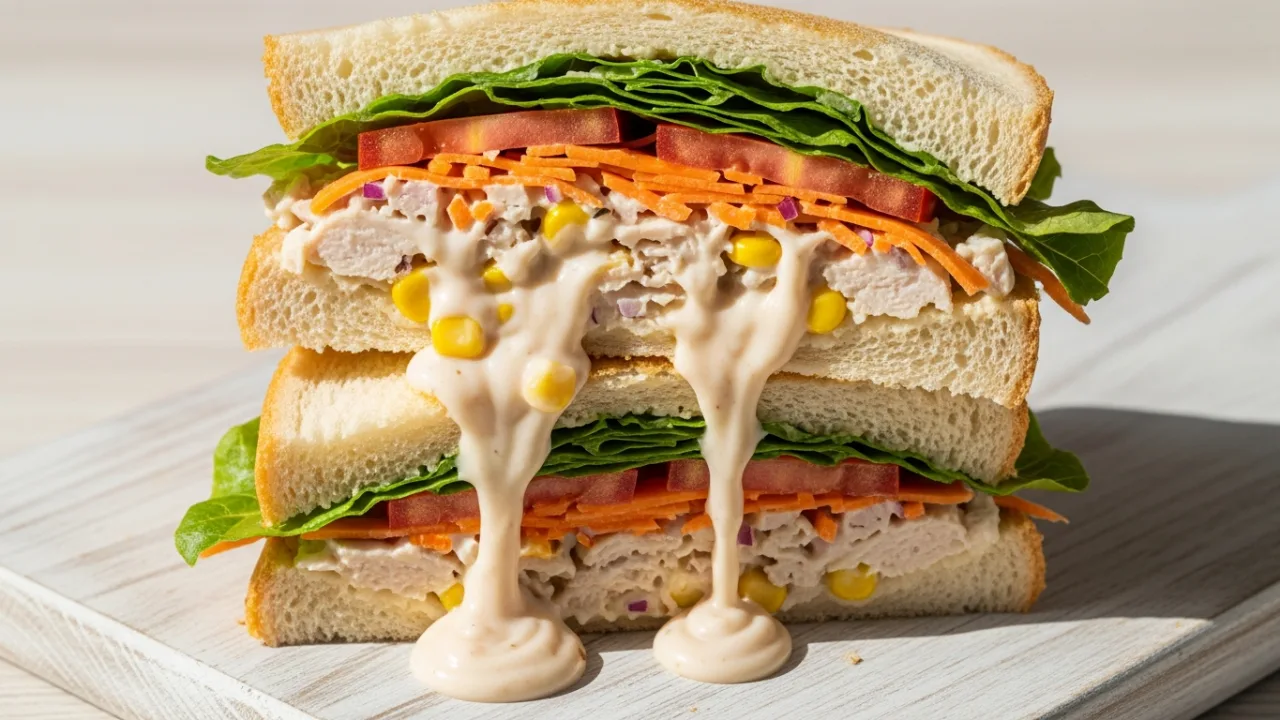 Close-up de um sanduíche natural de frango cremoso cortado ao meio, mostrando as camadas de recheio com cenoura, alface crocante e tomate em um pão de forma macio.