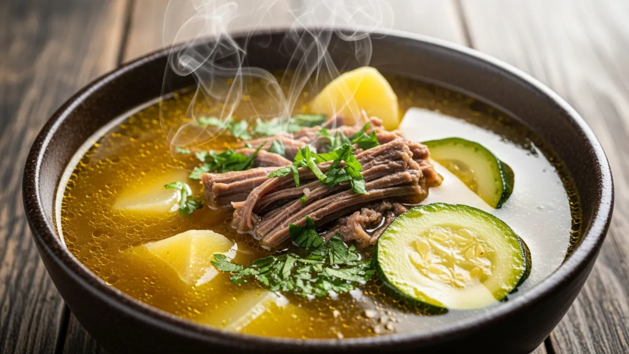 Close-up de uma tigela de cerâmica rústica com sopa de colágeno dourada e fumegante, mostrando pedaços de carne desfiada, batata, abobrinha e salsinha picada.