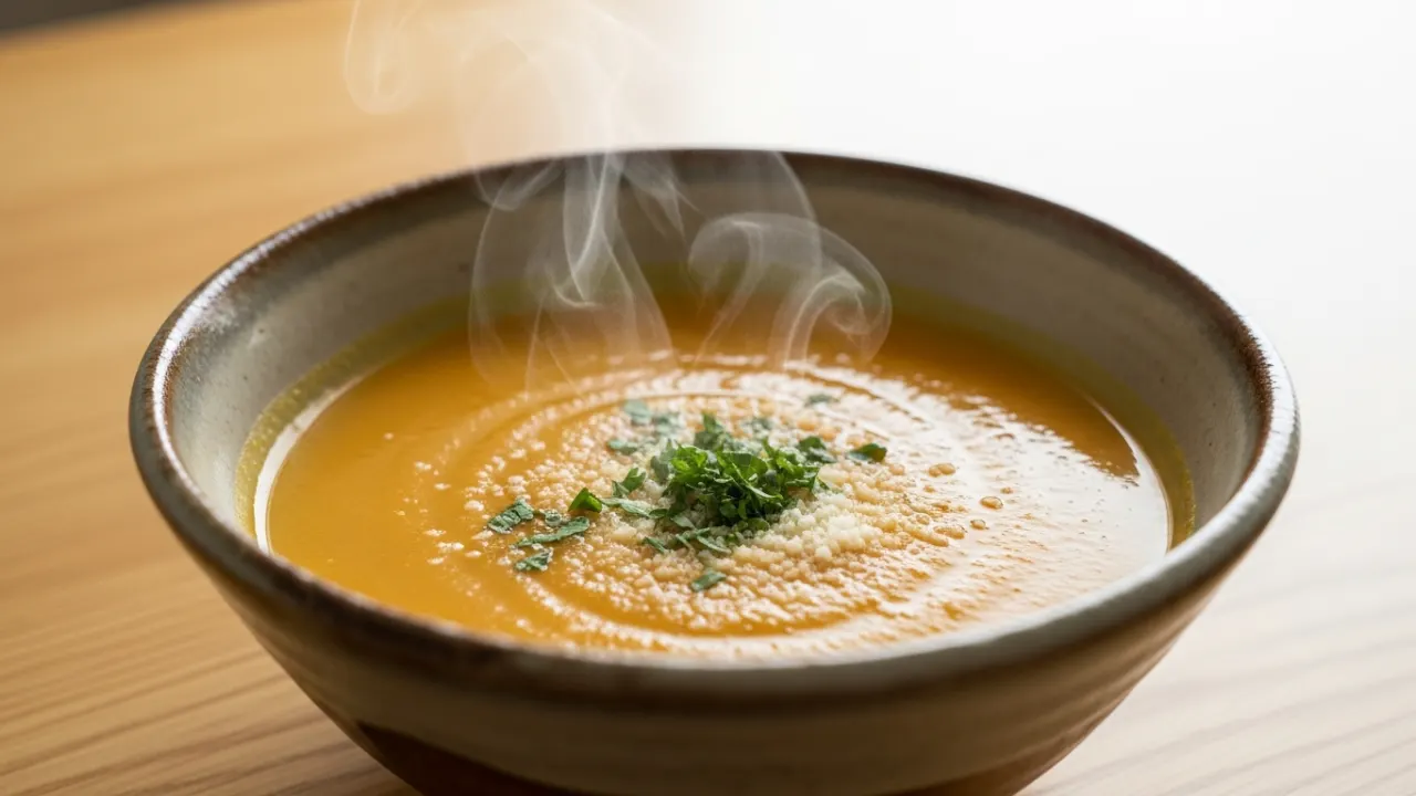 Close-up de uma tigela com sopinha para criança cremosa, de cor laranja claro, com um pouco de vapor subindo e decorada com salsinha e parmesão por cima.