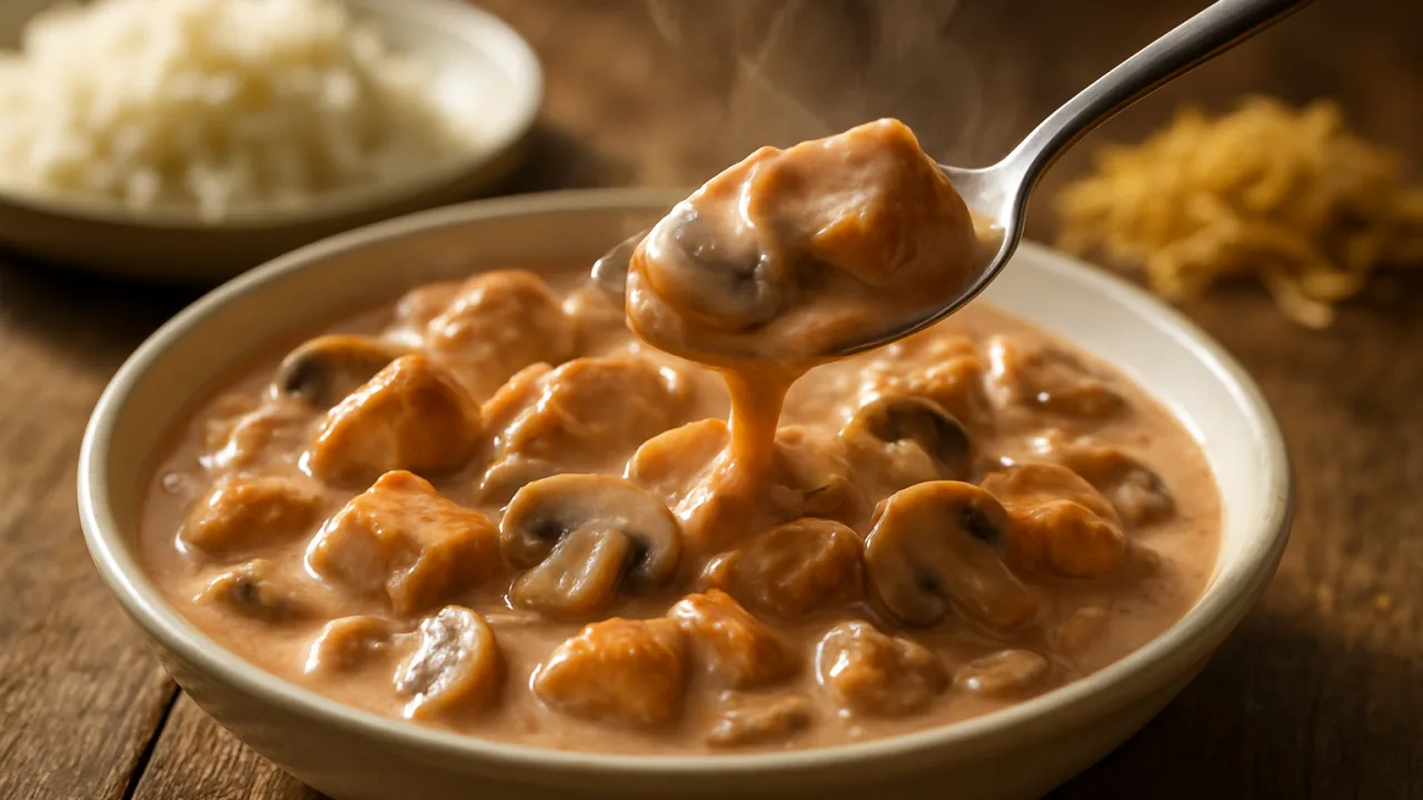 Tigela de strogonoff de frango cremoso com pedaços dourados de frango e molho brilhante, vapores subindo, servida com arroz branco e batata palha ao lado — Strogonoff de frango cremoso