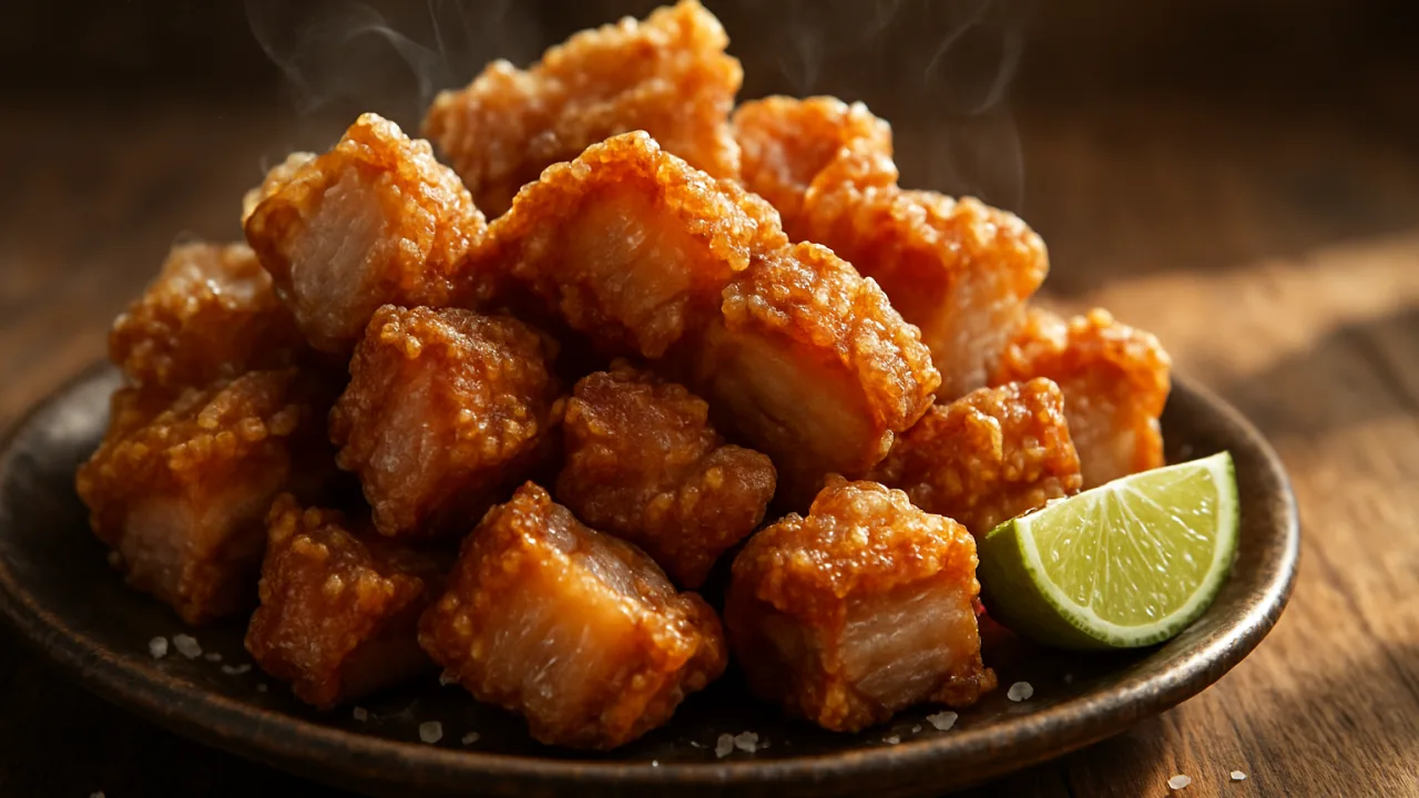 Close-up de torresmo pururuca dourado empilhado em prato rústico sobre mesa de madeira, casquinha estalando, gordura brilhante e interior suculento, com leve fumaça e um gomo de limão ao lado — Torresmo pururuca crocante