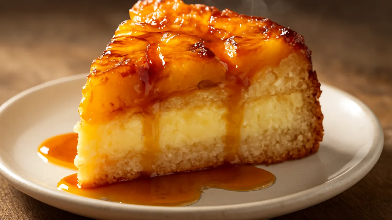 Fatia de torta de abacaxi douradinha com calda dourada brilhante escorrendo sobre abacaxi caramelizado e creme liso, servida em prato sobre mesa rústica - torta de abacaxi.