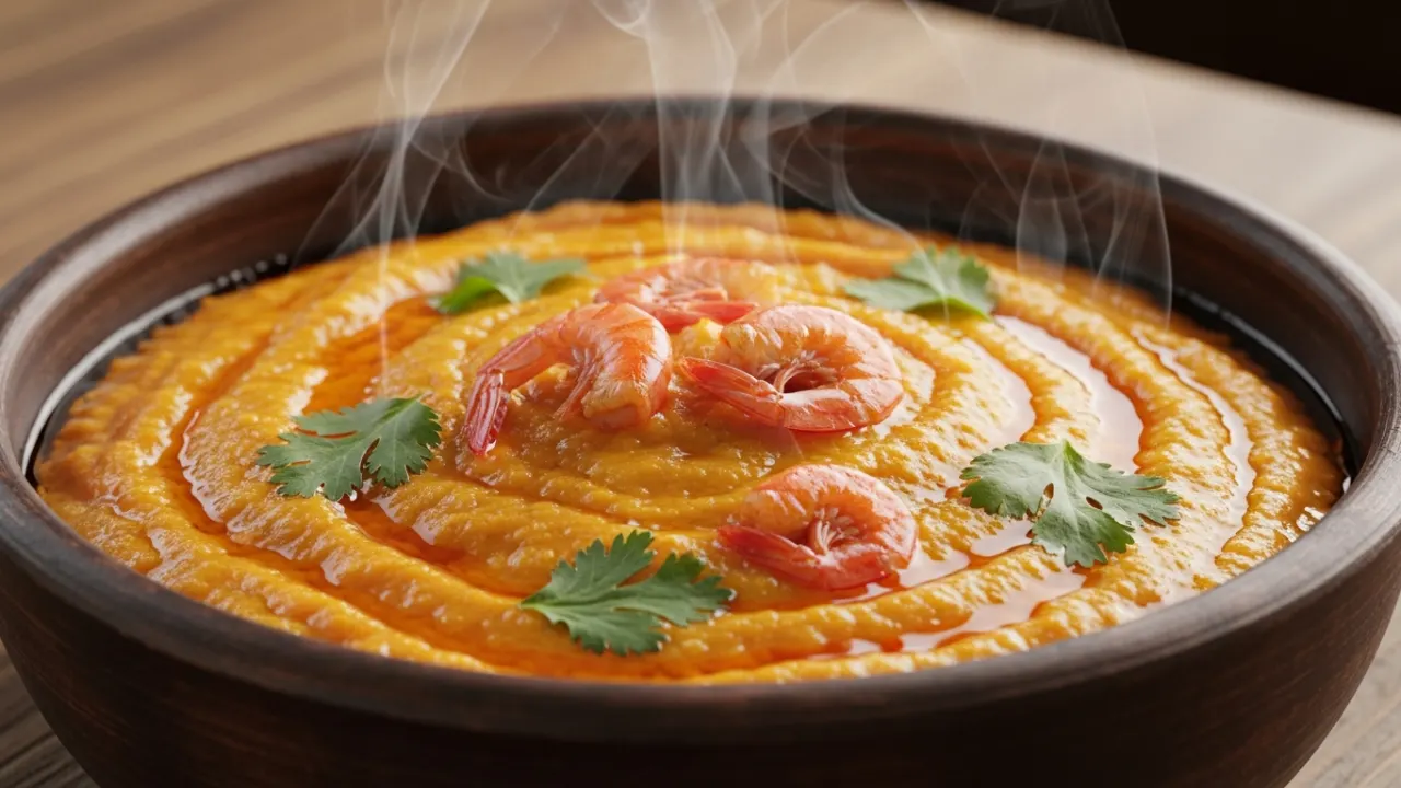 Close-up de uma tigela de barro servida com vatapá cremoso baiano de cor laranja vibrante, decorado com camarões secos e coentro fresco.