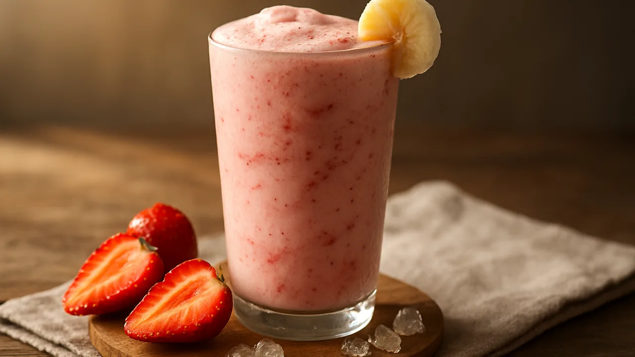 Copo alto com vitamina de morango cremosa e espuma no topo, gotas de condensação na lateral, morangos cortados e rodelas de banana congelada ao lado sobre mesa de madeira iluminada por luz natural de trás — Vitamina de morango cremosa