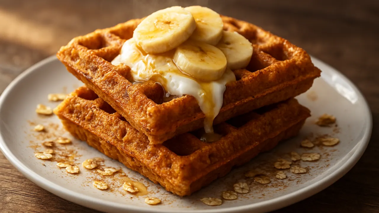 Close-up de waffles saudáveis douradinhos com casquinha crocante e miolo macio, mel brilhante escorrendo, fatias de banana e colher de iogurte ao lado, servidos em prato branco sobre mesa de madeira — Waffle saudável douradinho