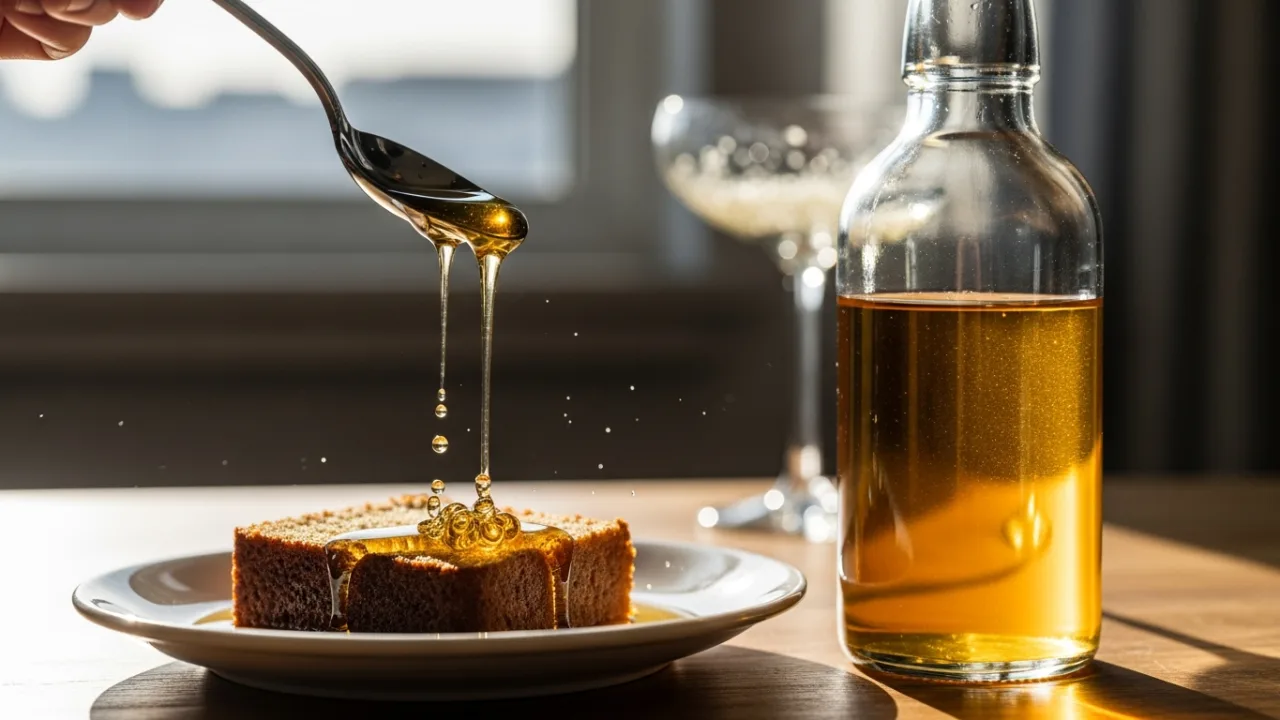 Garrafa de vidro com xarope de açúcar translúcido e brilhante sendo derramado de uma colher sobre uma fatia de bolo úmido, luz natural de fundo realçando a textura aveludada — xarope de açúcar simples.