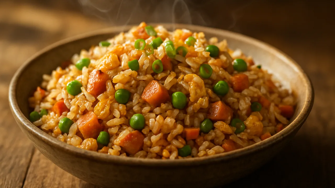 Close-up de yakimeshi japonês douradinho com grãos de arroz soltinhos, pontinhos dourados de fritura, cubinhos de presunto, ervilhas, pedaços de ovo mexido e cebolinha, servido em tigela rústica sob luz natural — Yakimeshi japonês douradinho.