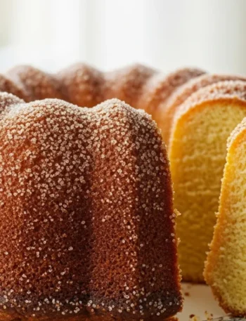 Bolo amanteigado inteiro com casquinha dourada brilhante em um suporte de bolo, com uma fatia cortada ao lado revelando seu miolo macio e fofinho.