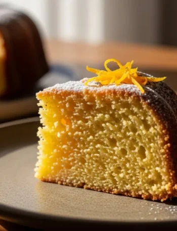 Close-up de uma fatia de bolo de laranja fofinho, com a textura macia do miolo aparente e uma casquinha dourada, servida em um prato sobre uma mesa de madeira.