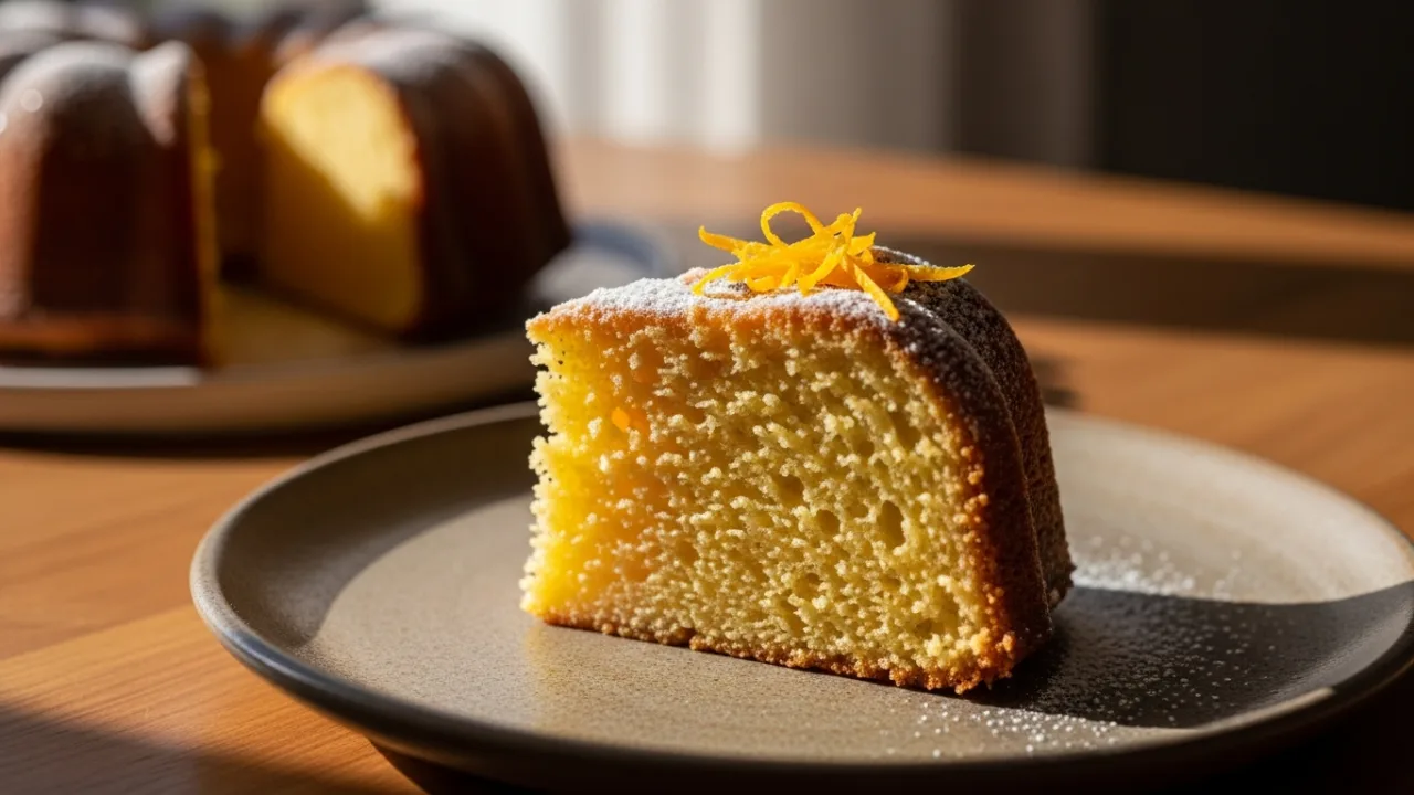 Close-up de uma fatia de bolo de laranja fofinho, com a textura macia do miolo aparente e uma casquinha dourada, servida em um prato sobre uma mesa de madeira.
