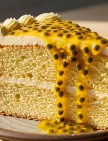 Close-up de uma fatia de bolo de maracujá fofinho, com uma generosa cobertura cremosa e uma calda brilhante com sementes de maracujá escorrendo pelo lado.