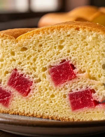 Close-up de uma fatia de bolo fofo com goiabada, exibindo a massa clara e macia com pedaços de goiabada vermelha derretida bem distribuídos no interior, servida em um prato.