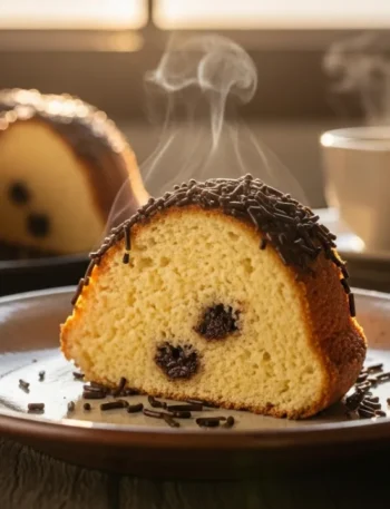 Fatia de bolo formigueiro fofinho em um prato, com close na textura macia e nos pontinhos de chocolate granulado espalhados pela massa clara e úmida.