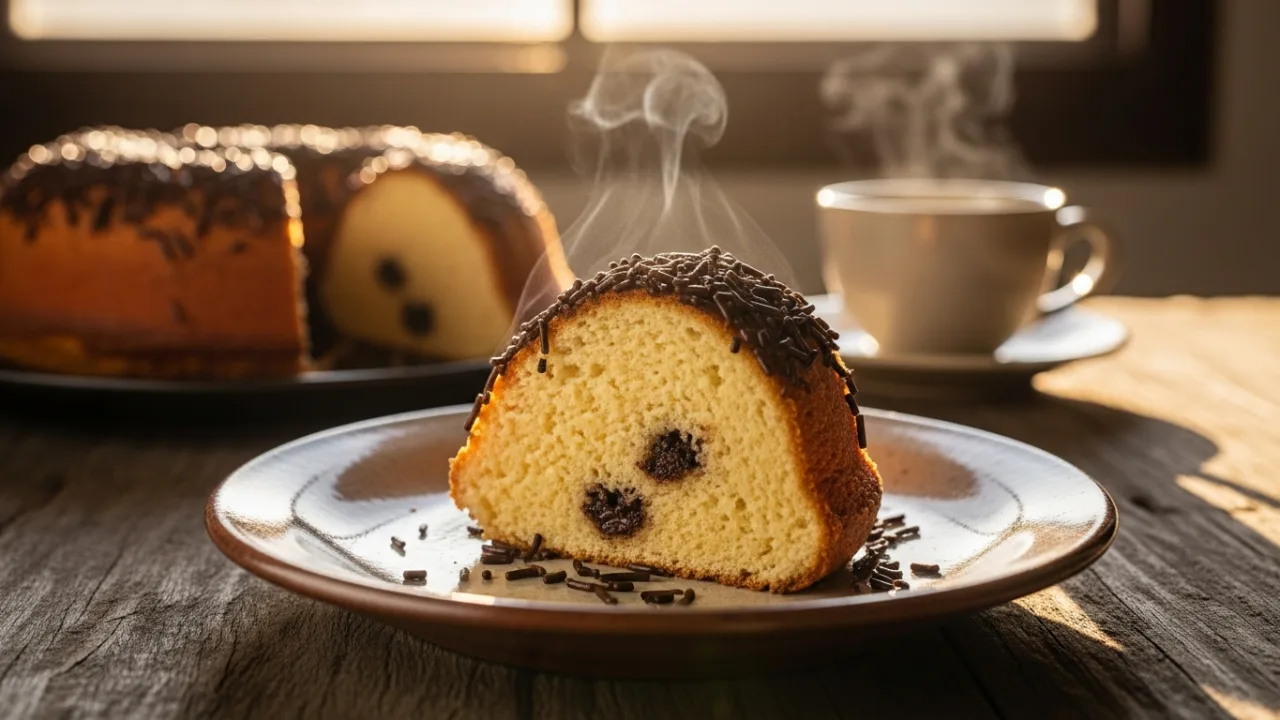 Fatia de bolo formigueiro fofinho em um prato, com close na textura macia e nos pontinhos de chocolate granulado espalhados pela massa clara e úmida.