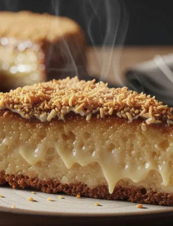 Close-up de uma fatia de Bolo Luiz Felipe cremoso, exibindo a textura úmida e densa do miolo e a crosta dourada, servida em um prato sobre uma mesa de madeira.