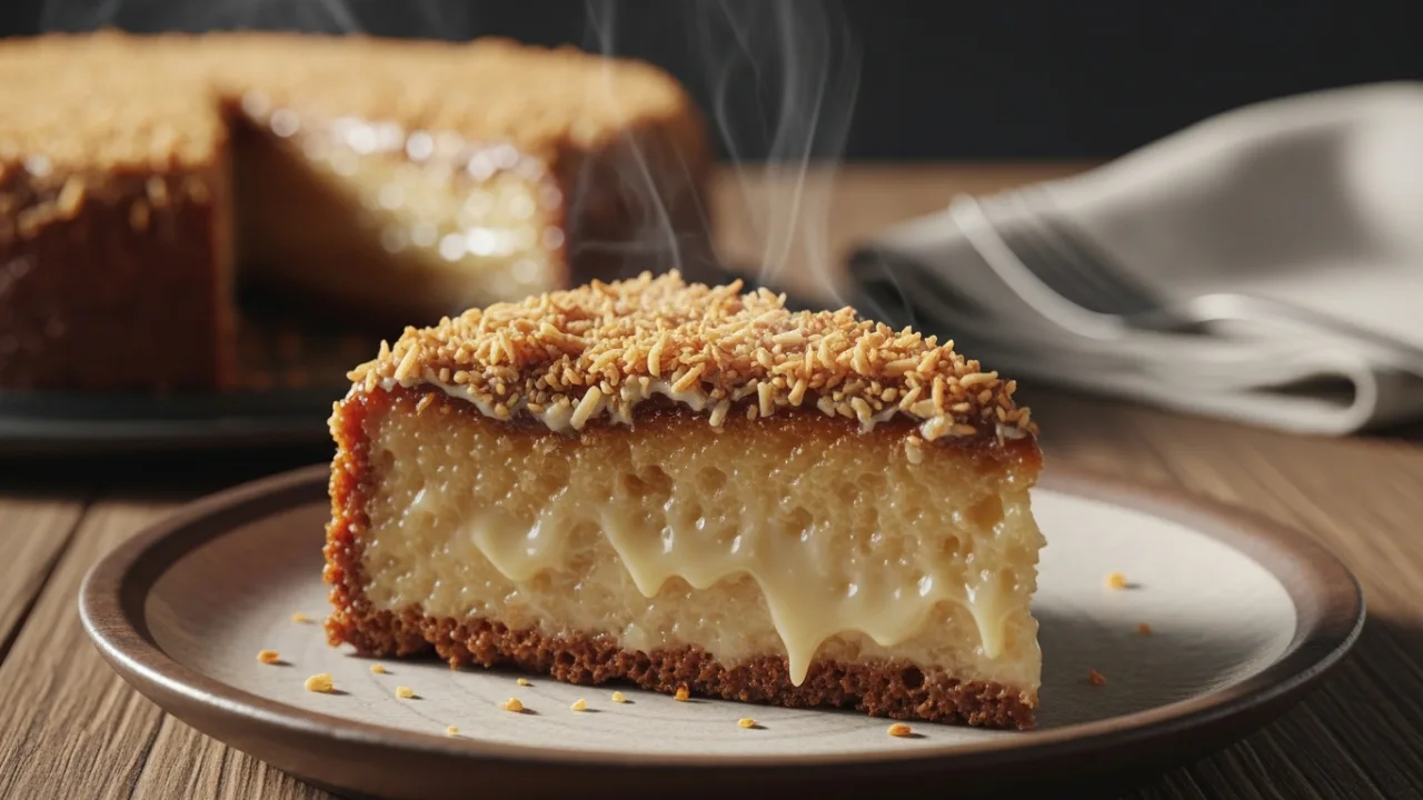 Close-up de uma fatia de Bolo Luiz Felipe cremoso, exibindo a textura úmida e densa do miolo e a crosta dourada, servida em um prato sobre uma mesa de madeira.