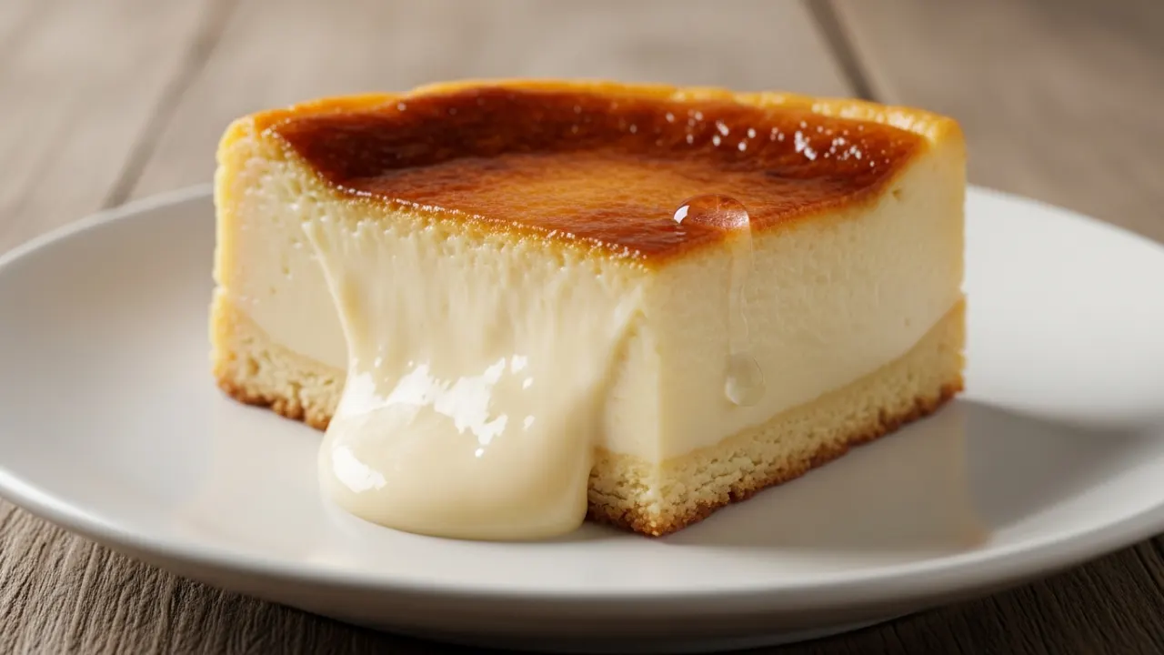 Close-up de uma fatia de bolo mole com leite condensado, exibindo a casquinha dourada por cima e o interior super cremoso, semelhante a um pudim, servida em um prato.