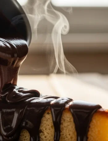 Close-up da calda com nescau para bolo sendo derramada sobre um bolo caseiro, mostrando a textura espessa e o brilho intenso da cobertura de chocolate.