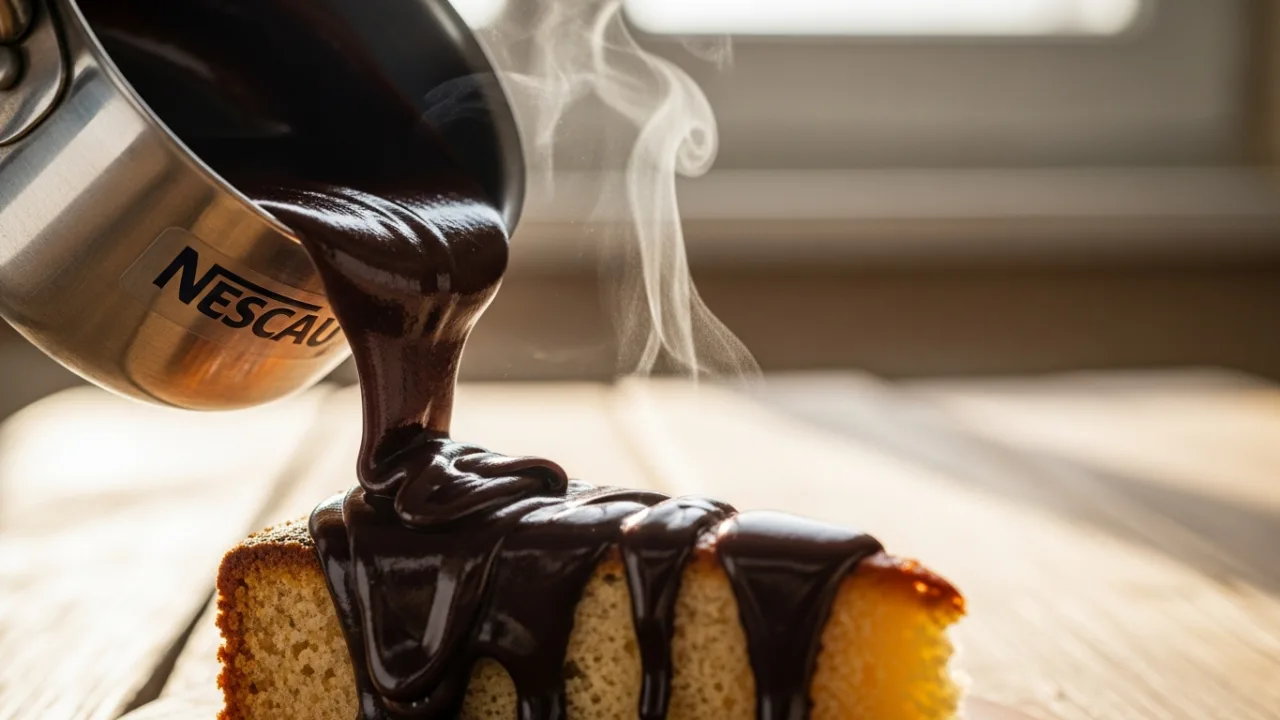 Close-up da calda com nescau para bolo sendo derramada sobre um bolo caseiro, mostrando a textura espessa e o brilho intenso da cobertura de chocolate.