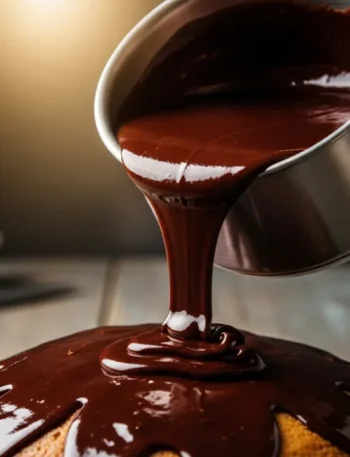 Close-up de uma calda de chocolate para bolo brilhante e espessa sendo derramada sobre um bolo fofinho, com gotas escorrendo lentamente pelas laterais.