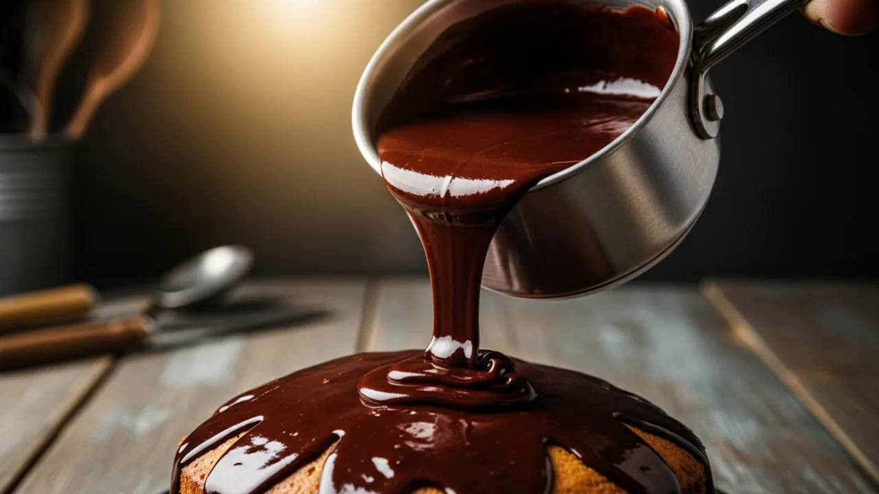 Close-up de uma calda de chocolate para bolo brilhante e espessa sendo derramada sobre um bolo fofinho, com gotas escorrendo lentamente pelas laterais.