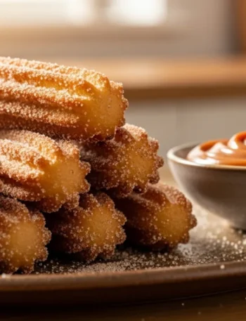Churros caseiros fáceis e crocantes, dourados e polvilhados com açúcar e canela, empilhados em um prato ao lado de um pote com doce de leite cremoso.