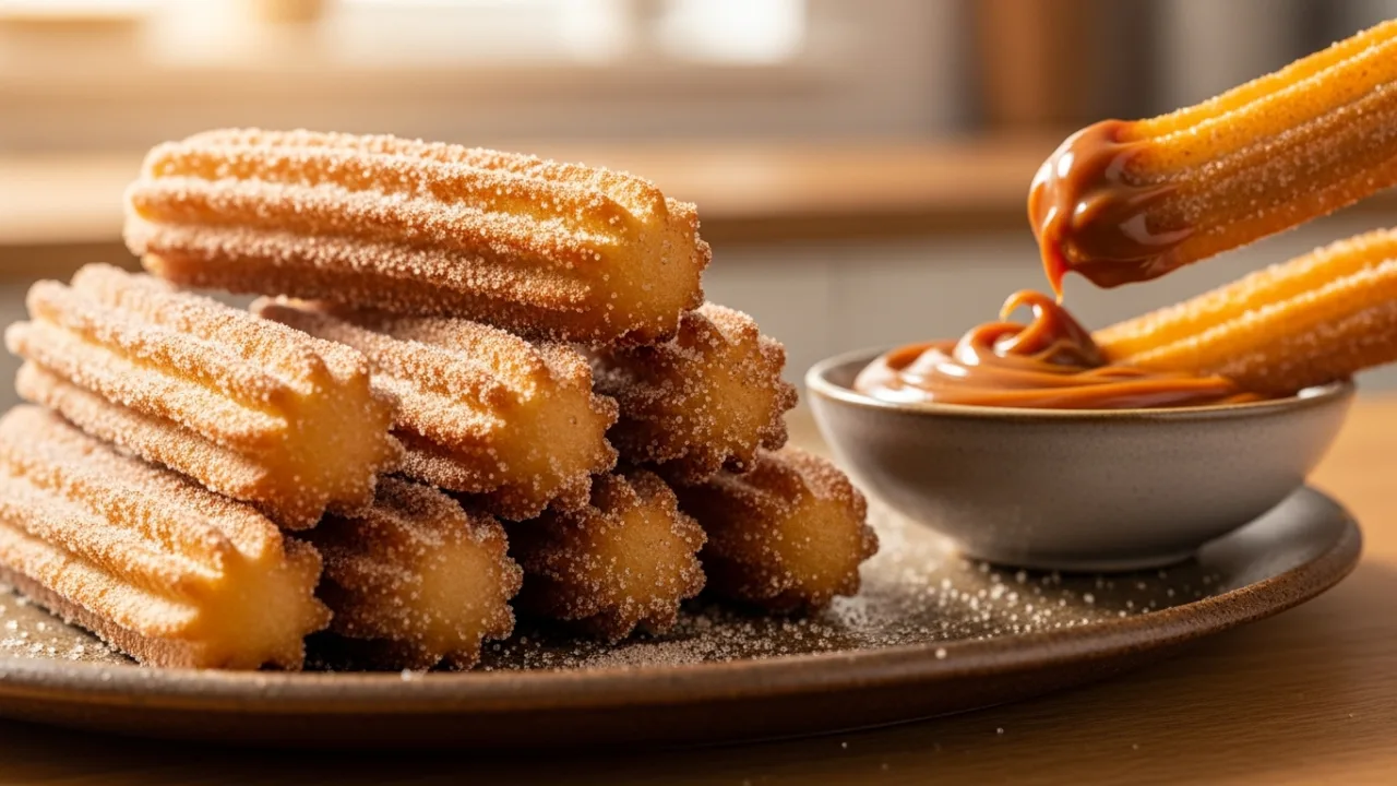 Churros caseiros fáceis e crocantes, dourados e polvilhados com açúcar e canela, empilhados em um prato ao lado de um pote com doce de leite cremoso.