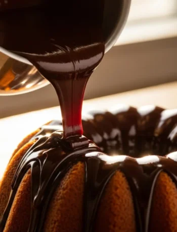 Close-up de uma cobertura de chocolate para bolo, brilhante e cremosa, sendo despejada sobre um bolo e escorrendo pelas laterais.