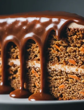 Close-up de uma fatia de bolo de cenoura com cobertura de brigadeiro para bolo brilhante e cremosa escorrendo pelas laterais em um prato.
