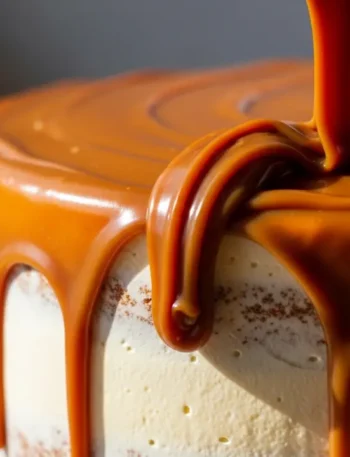 Close-up de um bolo sendo coberto com uma generosa camada de cobertura de doce de leite para bolo, com a calda brilhante e cremosa escorrendo pelas laterais.